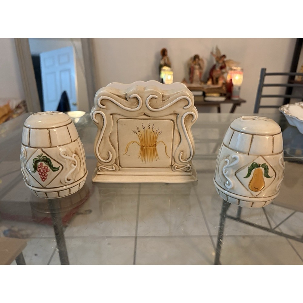 American Atelier San Marco Napkin Holder Salt Pepper Shakers Set Wheat Grapes